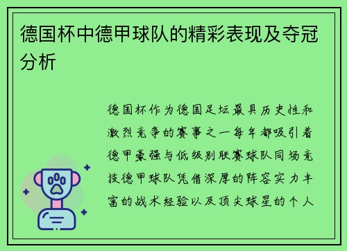 德国杯中德甲球队的精彩表现及夺冠分析